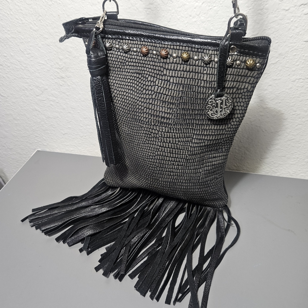 Double J Saddlery Croc Embossed 100% Genuine Leather Crossbody Bag With Fringe